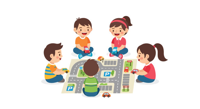 Five happy children are sitting in a circle on the floor, playing with colorful toy cars on a city road map play mat.