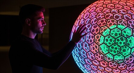 Man touches glowing colorful science sphere with hexagons in dark room