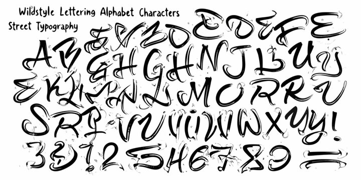 Wildstyle lettering alphabet and numbers in black and white typography