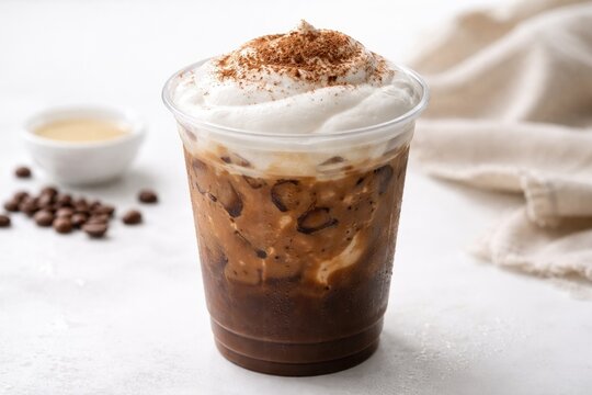 Refreshing iced mocha coffee drink blended with creamy sweetened condensed milk and topped with thick milk froth and cocoa powder in a plastic cup on white background