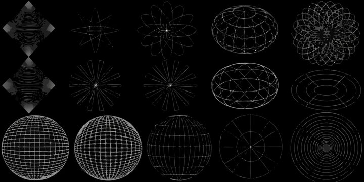 Geometric wireframe shapes on a black background showcasing diverse patterns