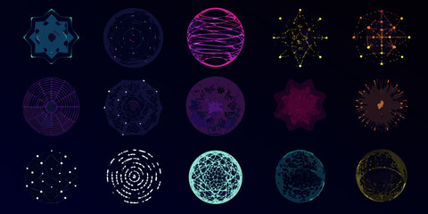 Abstract geometric shapes and patterns in vibrant neon colors on a dark background