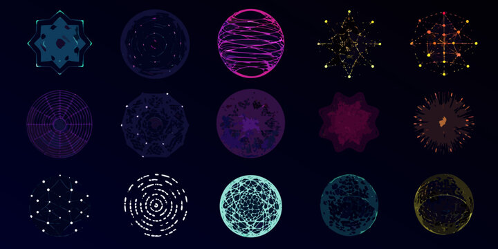 Abstract geometric shapes and patterns in vibrant neon colors on a dark background