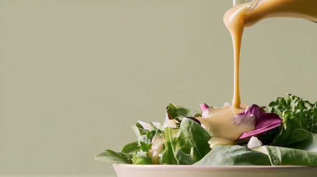Salad Dress Pour: A close-up view captures the artistry of culinary delight, as a golden dressing cascades over a vibrant medley of fresh, leafy greens. This image highlights the joy of food.