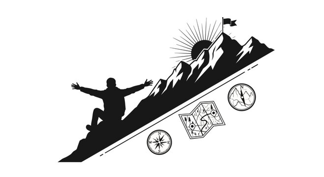 Silhouette of a person on a mountain peak with a flag at the top