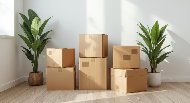 Cardboard boxes with household items placed near two plants in light living room on relocation day with copy space