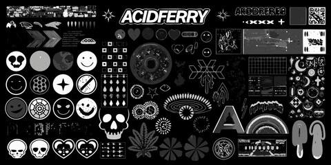 Obraz premium Collage of diverse grayscale graphic elements including skulls hearts and text