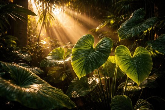 Evening sun rays illuminating vibrant green heart shaped alocasia odora foliage in lush tropical home jungle
