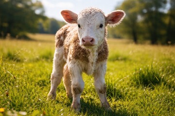 Obraz premium Newborn calf standing in lush green pasture on a sunny day