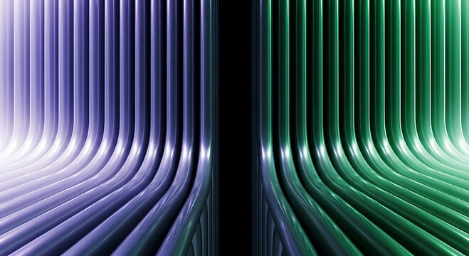 Abstract parallel curved metallic tubes in purple and green gradient background
