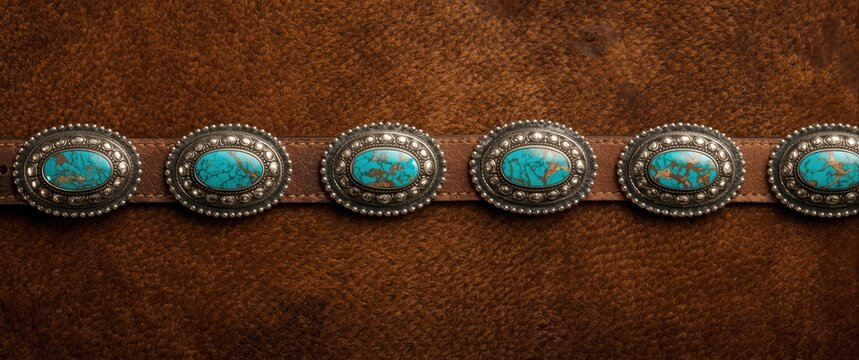 Turquoise and silver belt featuring conchos on textured rawhide fabric background