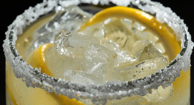 Close up view of a lemon ice refreshment with a salted glass rim