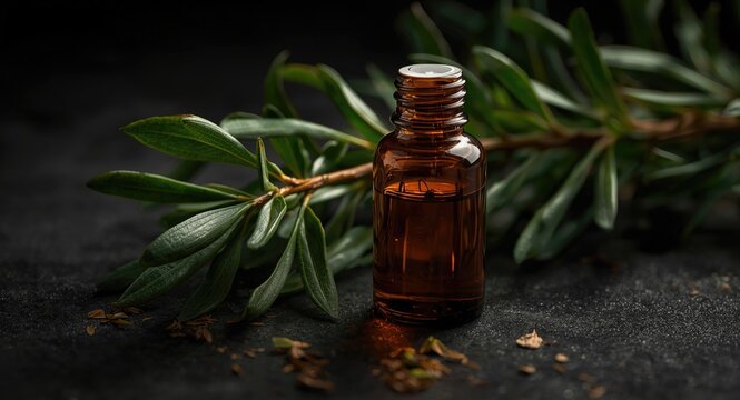 tea tree leaves and an amber glass container filled with essential oil
