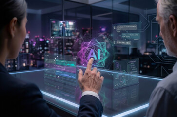 Fototapeta premium Developers analyzing artificial intelligence neural network on futuristic glowing screen with multi-language code and video processing.