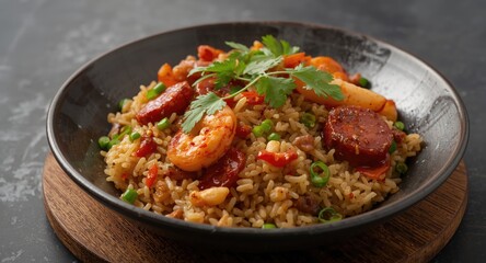 Fototapeta premium Delectable Chinese fried rice with roasted sausage shrimp peanuts and coriander sprigs