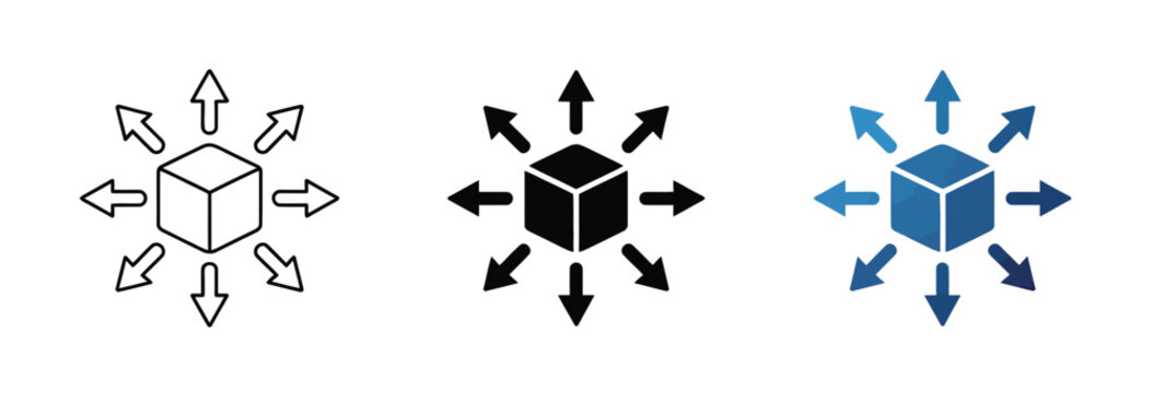Product, distribution icon featuring cube with arrows, representing logistics, delivery, shipping, warehouse management, fulfillment, scalable distribution, business, and e-commerce concepts in vector