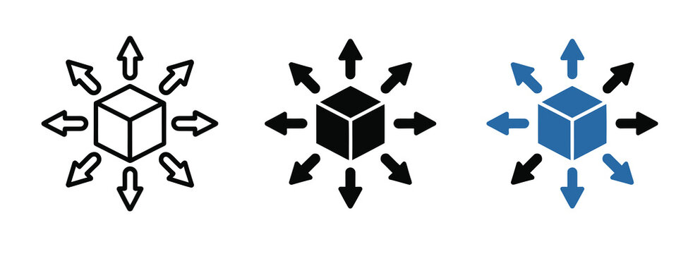 Product, logistics and distribution icon with cube and directional arrows, symbolizing supply flow, delivery, shipping, warehouse management, fulfillment, and scalable e-commerce operations.