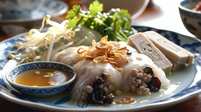 Steaming Vietnamese Banh Cuon steamed rice rolls with fried shallots on patterned ceramic plate