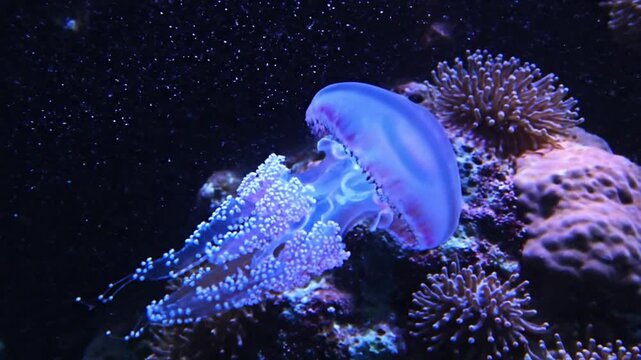 Luminous blue jellyfish floating dark deep ocean near coral reef