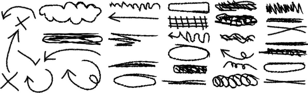 Set of handdrawn scribble elements, arrows, lines, circles, and shapes