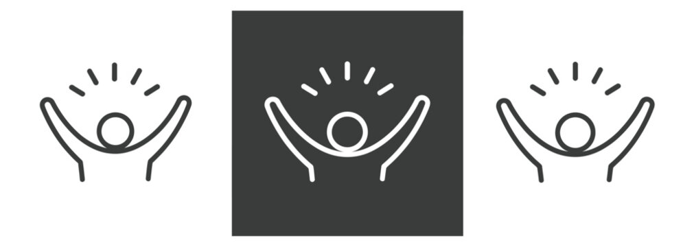 Joyful person with arms raised in celebration, isolated on white background, line art.