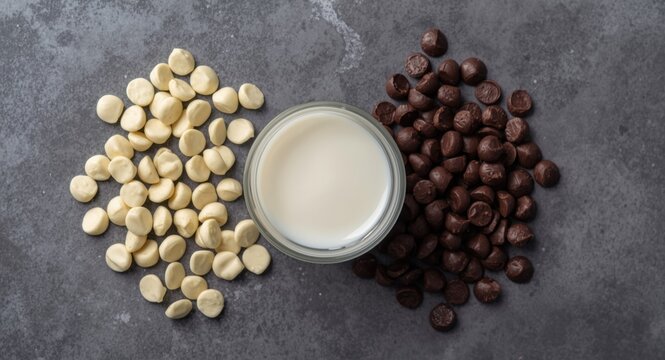 Top down shot of white milk ruby and dark chocolate chips alongside a glass of milk set on gray background for hot chocolate
