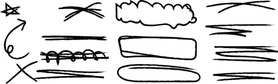 Set of handdrawn scribble elements, including arrows, frames, underlines, and crossout marks