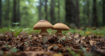 Fototapeta premium Twin mushrooms growing side by side in a serene forest clearing