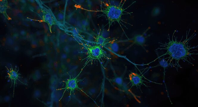 Human neuroblastoma cells highlighted by fluorescence microscopy in cell culture