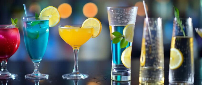 Cocktails of various colors on the table