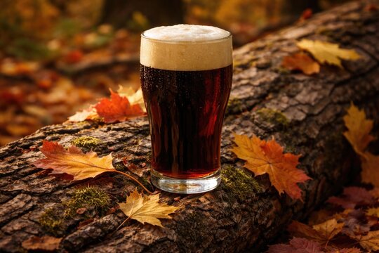 Dark Bock Beer Glass on Fallen Tree Trunk Surrounded by Autumn Leaves