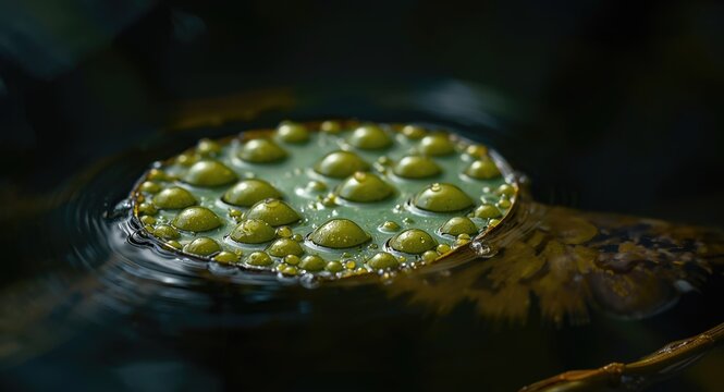 Macro image of Wolffia Globosa water meal floating on tranquil swamp water
