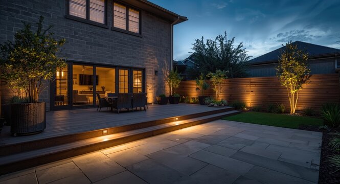 Tiled courtyard with dual level composite decking and low voltage light installation for contemporary garden setting