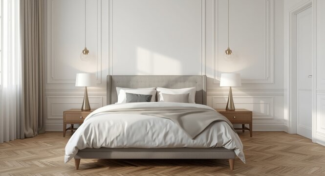 Bedroom concept with bed pillows wooden parquet floor end tables lamps plus copy space
