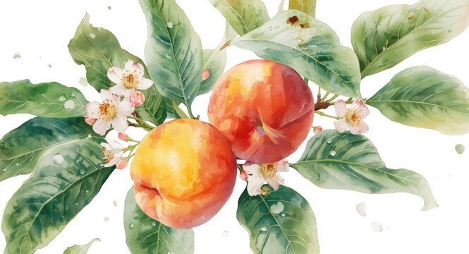 Watercolor styled Chinese fig peaches with leaves and blossoms isolated on white for natural juice and label design