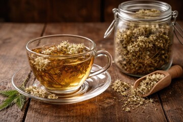 Fototapeta premium Meadowsweet Tea in Glass Cup with Dried Herbs on Rustic Wood