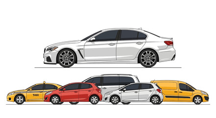 Fototapeta premium Variety of modern car illustrations against a clean white background