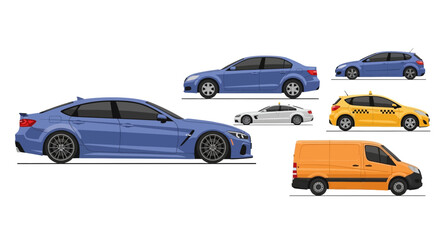 Fototapeta premium Variety of modern vehicles blue sedan taxi hatchback van and white car