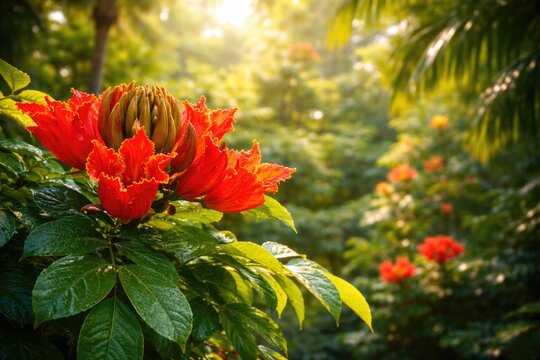 Vibrant red Spathodea bloom in a lush tropical garden with ample copy space for banner design