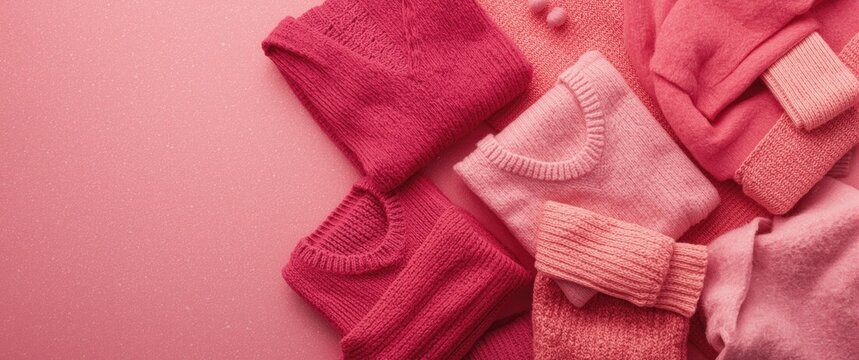 Vibrant pink wool sweaters arranged on a bubblegum pink textured surface featuring copy space