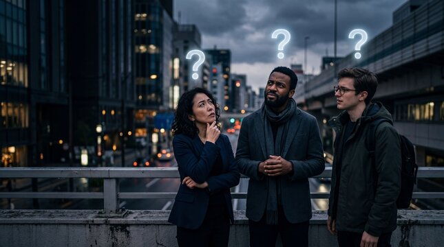 Diverse Group of Confused Professionals Thinking with Question Marks in City Environment
