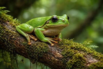Obraz premium Green Tree Frog Resting on Mossy Limb in Lush Forest Setting