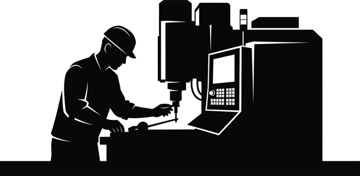 Industrial silhouette a technician operating a cnc milling machine