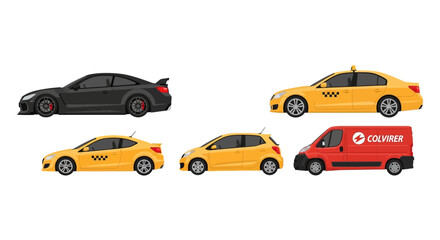 Naklejka premium Variety of vehicles black sports car yellow taxis and red delivery van