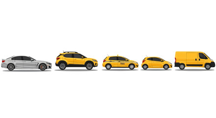 Fototapeta premium Variety of vehicles arrayed on white background ready for transportation