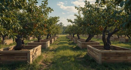 Obraz premium Wooden open box area with fruit trees in full growth