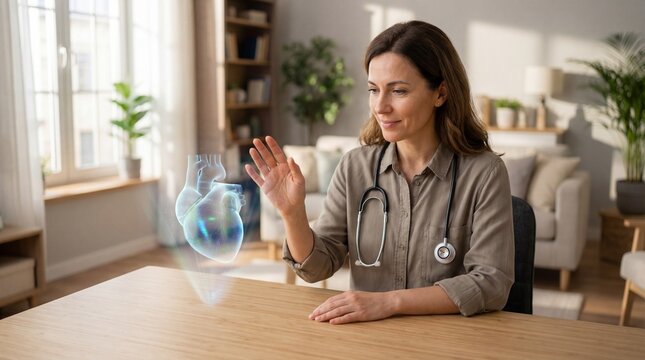 Female Doctor Engaging Holographic AI Heart Model
