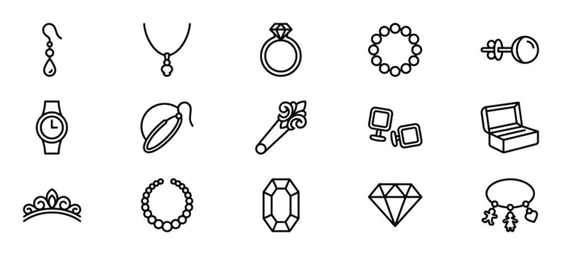 Collection of black outline jewelry icons, including earrings, necklaces, rings, bracelets, watches, and gems, presented with a clean, modern aesthetic