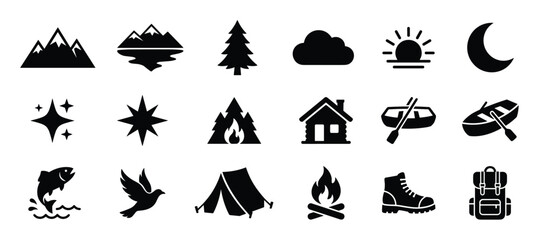 Fototapeta premium Collection of black silhouette icons representing various outdoor and nature-related elements, presented in a clean, graphic style