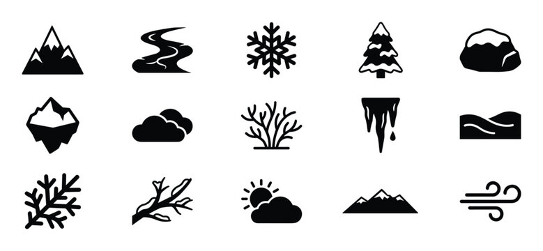 Collection of fifteen black silhouette nature and weather icons, including mountains, clouds, snow, and wind, presented as a graphic design element
